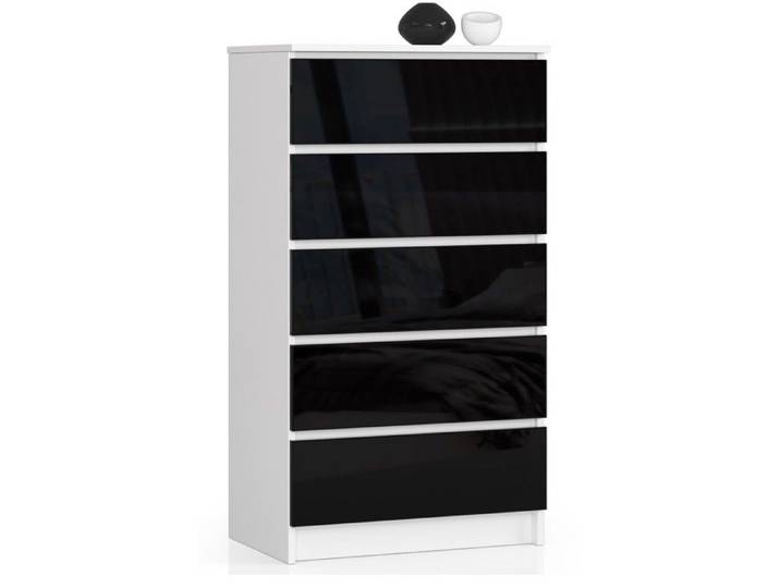 Commode haute 5 tiroirs - Dimensions 60x40x121 cm - Commode de chambre - Blanc et noir brillant - Meuble de rangement
