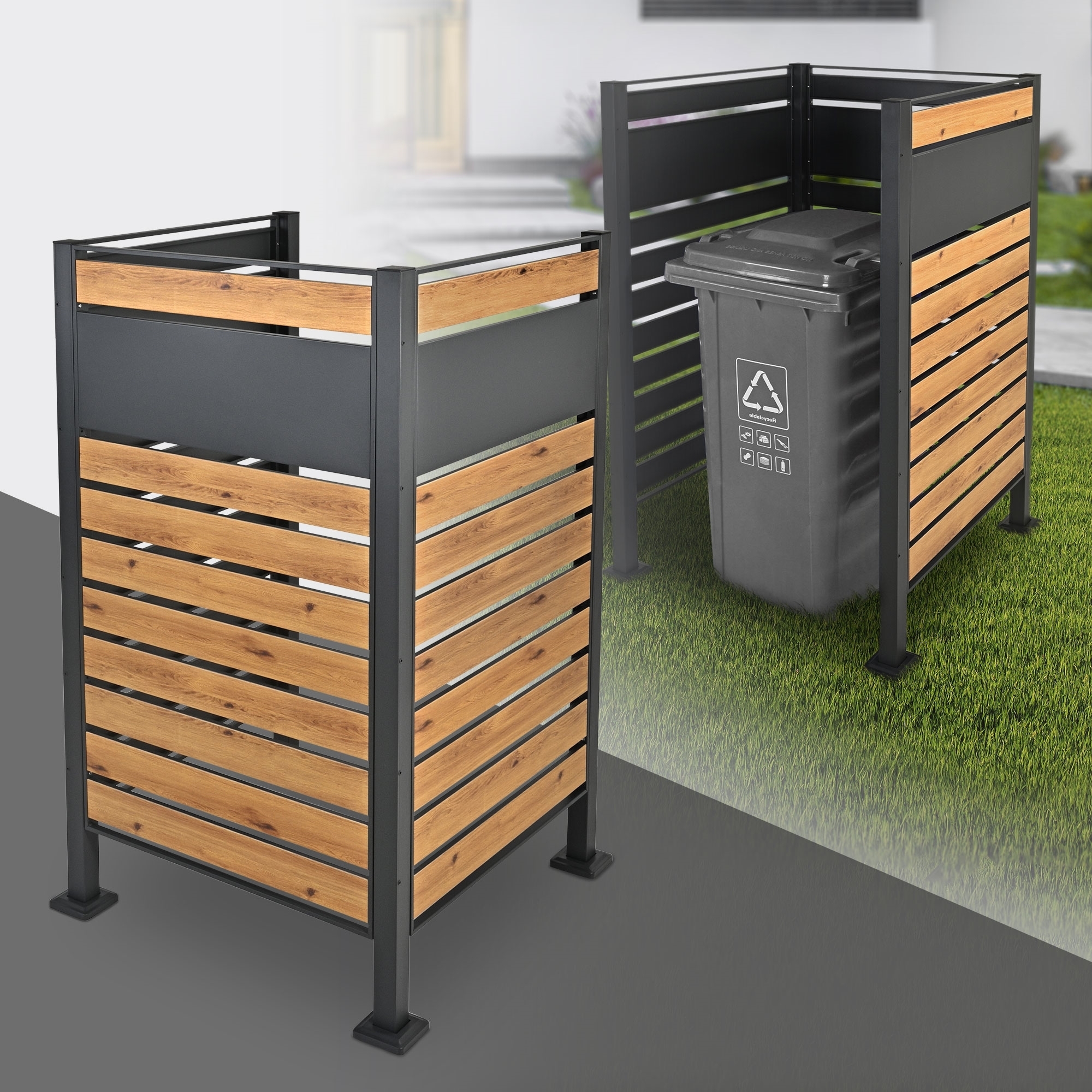 ML-Design Mülltonnenzaun für 1 Mülltonne, Anthrazit-Holzoptik, aus Stahl, 91x91x150 cm, rostfrei, massiv
