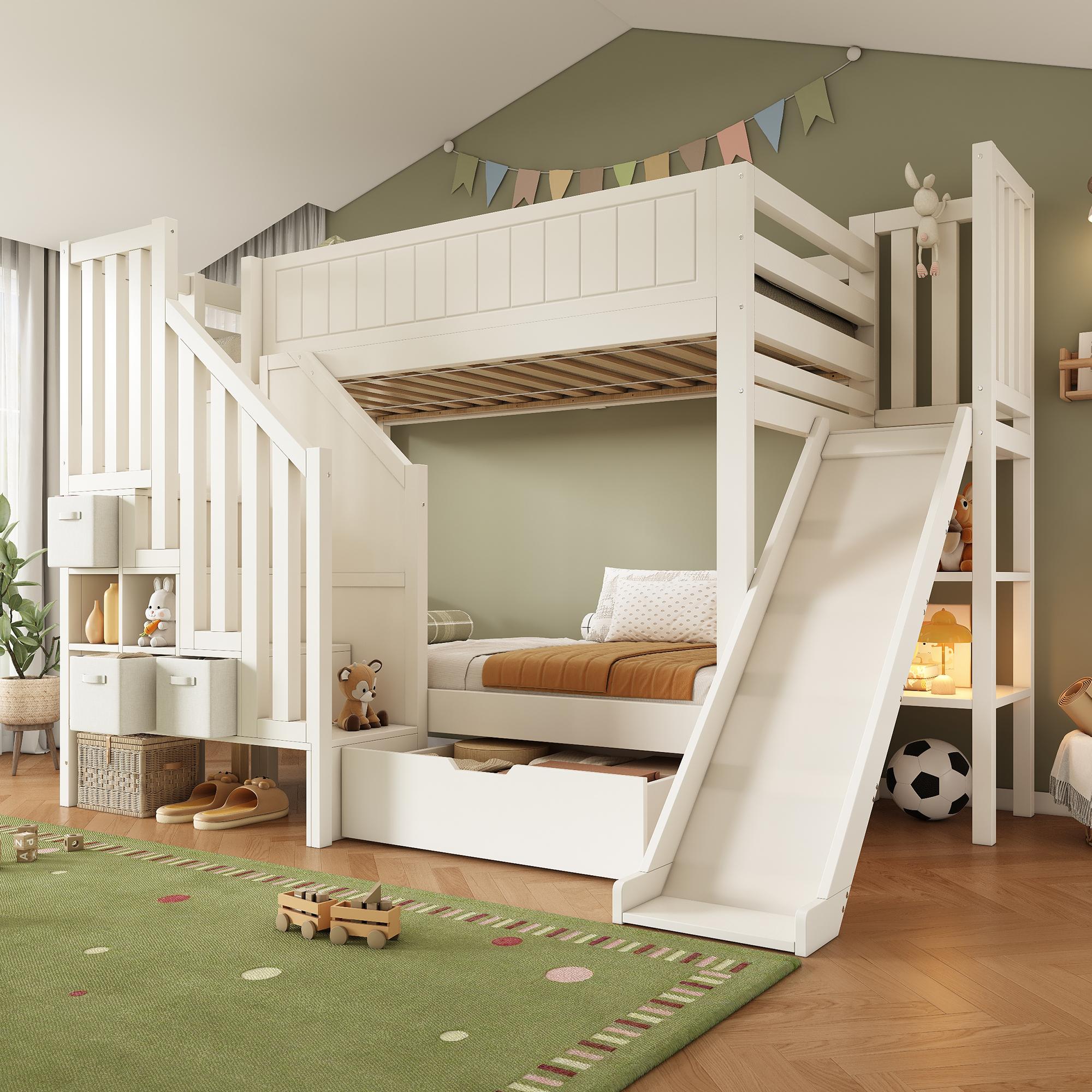 STILVORA Kinderbett 90x200 cm mit Rutsche und Leiterschrank, Etagenbett mit großen Schubladen und offenem Regal, Hochbett mit Sicherheit für Familien mit mehreren Kindern in Weiß