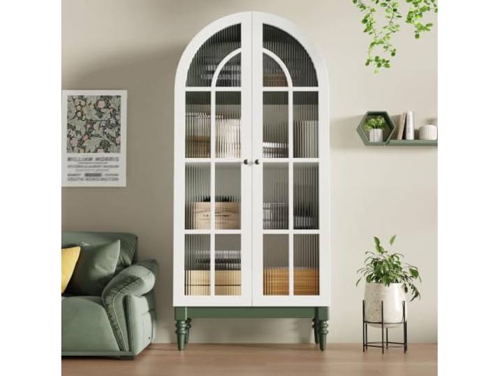 DUlVBPE Bogen-Vitrinenschrank 165cm mit Riffelglas-Doppeltüren, 3 Einlegeebenen, 2 Farben (Dunkelgrün+Weiß)