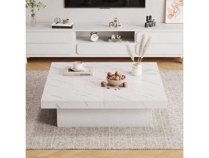 URBAN MEUBLE Table basse carrée moderne blanche effet marbre 4 tiroirs plateau coulissant 90x90x25cm