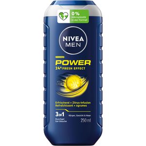 Nivea Duschgel Men Power 24h Fresh Effect 3in1, für Männer, pH-hautneutral, Flasche, 250ml