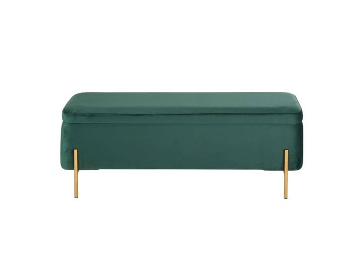 Banquette coffre en velours vert et fer forgé doré