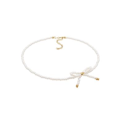 Choker ELLI "Halskette Coker Perlenkette Schleife 925 Silber vergoldet" Gr. 32, weiß, Halsketten, Damen, ohne Stein, Silber 925 (Sterlingsilber)