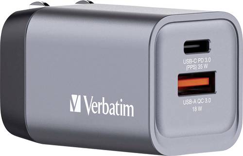 Verbatim GNC-35 GaN Reiseladeadapter 35W 1x USB-A, 1x USB-C USB PD, USB PD 3.0, QC 3.0 Grau GaN, mit Europa-Adapter, mit