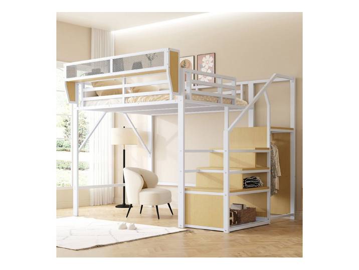 Odikalo Hochbett Jugendbett Metallbett 90x200 140x200 Sicherheitsleiter Staufach