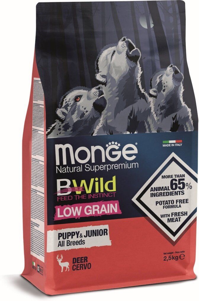 Monge BWild Low Grain All Breeds Puppy & Junior Cervo 2,5 kg Crocchette per Cani Cuccioli