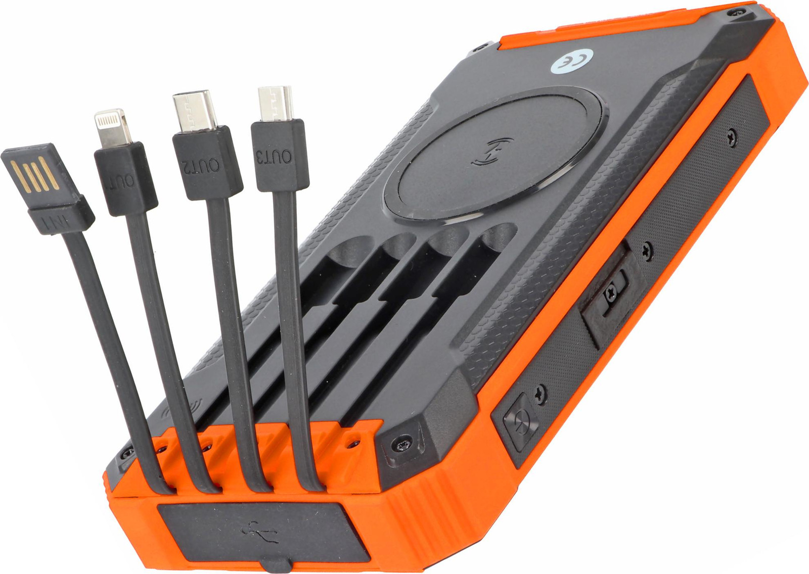 AccuCell Powerbank 20000 mAh met 4 laadkabels, QI-oplaadfunctie, zonnepaneel en LED-licht