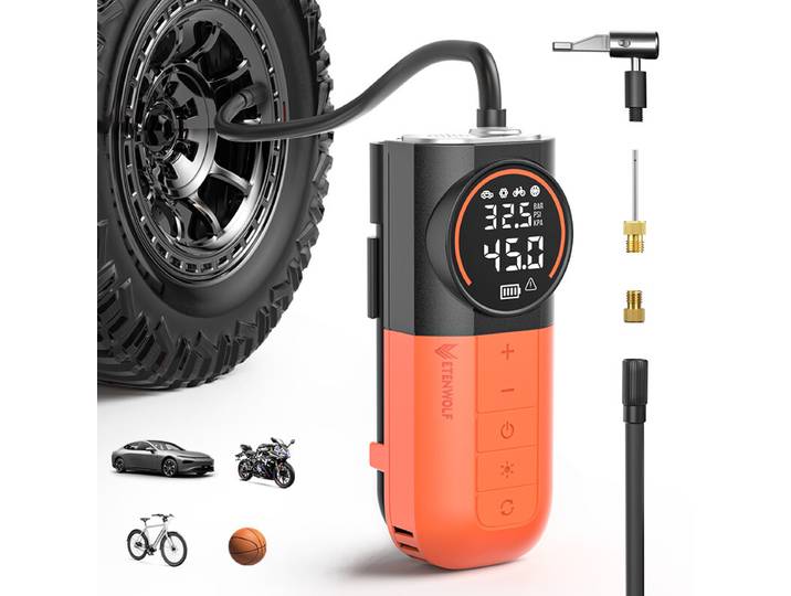 Etenwolf S1 Gonfleur de pneus Compresseur d'air portable 160 PSI Pompe à air pour pneus de voiture, vélo, moto, ballons, Gonflage rapide Pompe à pneus sans fil avec lumière LED et manomètre numérique Orange