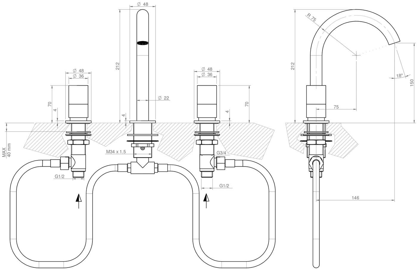 ALLUVION Minerva Edelstahl 3-Loch Waschtischarmatur mit hohem Auslauf 150, Badarmaturen, AL100328ASMW, edelstahl