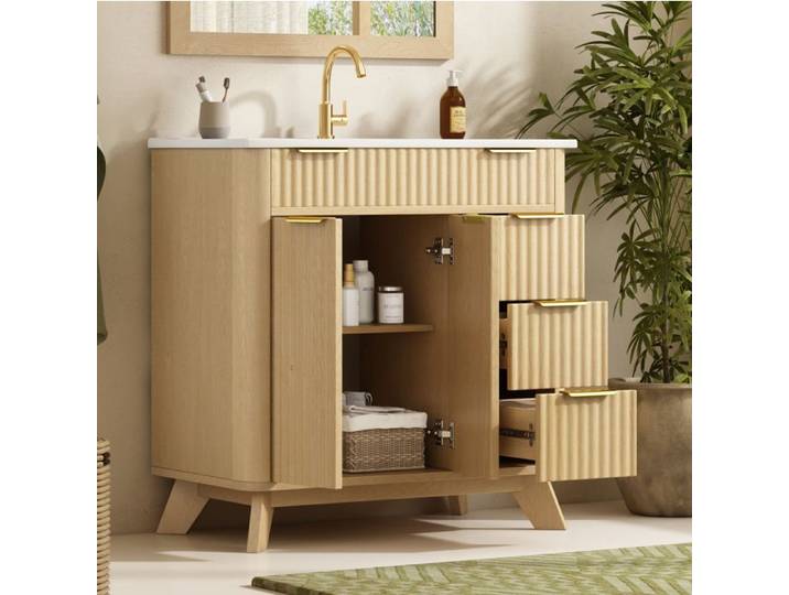 MEULVA Meuble sous vasque 81 cm avec vasque céramique 3 tiroirs double porte effet bois naturel