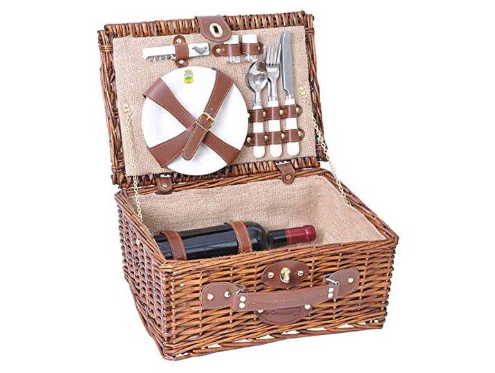 Les Jardins de la Comtesse - Picknickkorb Saint Michel aus honigfarbener Weide - Komplett Für 2 Personen - Porzellanteller und Weingläsern/Beige Stoff - 38 x 28 x 18 cm