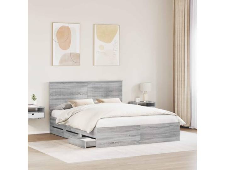 SKTQYQO Bettgestell mit Schublade, Sonoma-Grau, 160 x 200 cm Technisches Holz, selbsttragendes Design, feste Latten, einfache Wartung