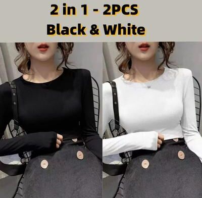 Uplifted Finds Womens Slim Fit O Neck Long Sleeve Basic T Shirt Stretchy Ribbed Knit Casual Top m black white