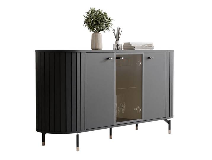Idohome Kommode dreitürig, Schwarz mit LED-Beleuchtung, Oval, 150x81x40 cm, Kleinmöbel, Kommoden, Kommoden