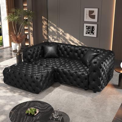"GDFStudio - 77"" Faux Leather 2-Seat Modular Sectional Sofa with Hand Tufted Design, 1 Ottoman & 2 Pillows"