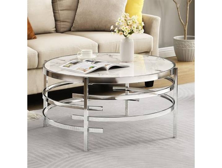 LifeSky Runder Couchtisch aus gesintertem Stein, 81,3 cm, runder Couchtisch mit Metallrahmen, moderner runder Couchtisch für Wohnzimmer, Silber