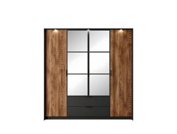 Armoire Chambre penderie et étagères 4 portes 2 tiroirs miroir 220cm Chêne et Noir - LONDON