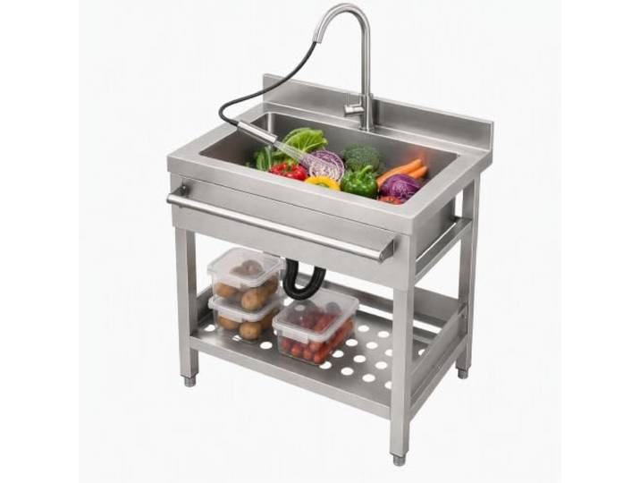 GSSHAYAKJ Freistehendes Edelstahl Spültisch, Große Spüle 78x56x100cm Einzelbecken küchenspüle mit ausziehbarer Wasserhahn, Ablauf & Ablage, Bis 200 kg für Cafe Waschküche Outdoor Restaurant