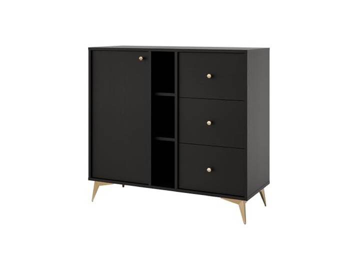 Margaret Hadas24 Kommode TIVARO 100cm mit 1 Tür und 3 Schubladen, mit geraden goldene Füßen, schwarz, japonische Style, modernes Design