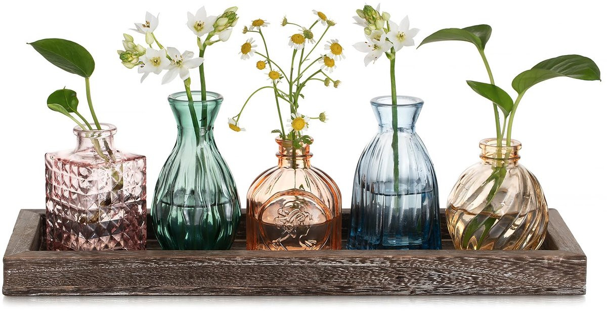 Dailygoods Mini Vazen Set voor Tafeldecoratie - 5 Stuks met Houten Dienblad