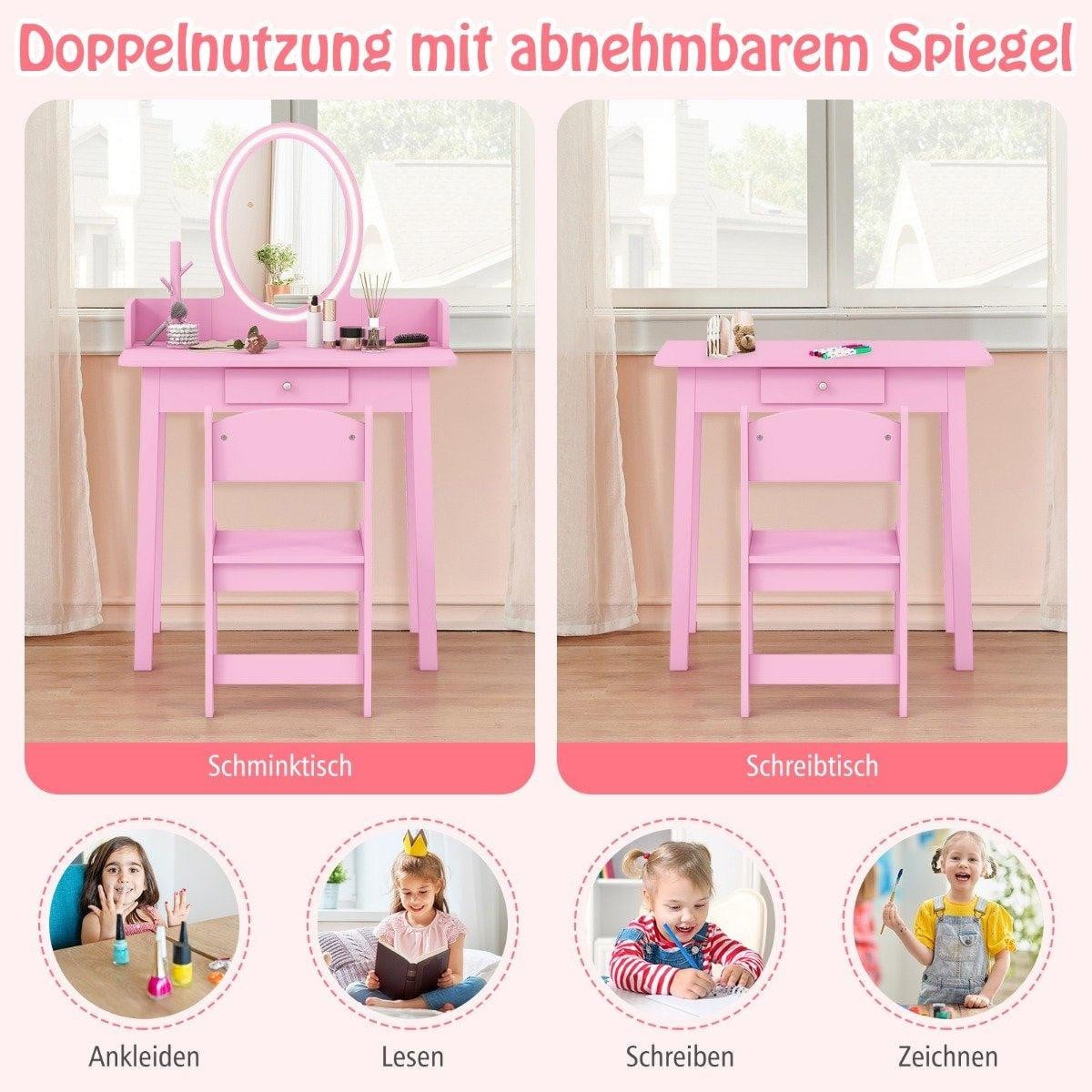 Northix Kindertafel met stoeltje, LED-spiegel en opbergruimte