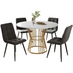 STILVORA Essgruppe 5 teilig rund 100x100x75 cm Tisch mit 4 Samtstühlen Dunkelgrau MDF Tischplatte Marmoroptik Metallgestell verstellbare Füße Multicolor