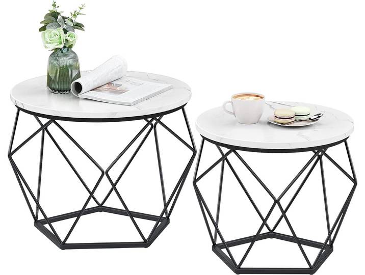 Relaxdays Couchtisch, 2er Set, Marmoroptik & Metall, Vintage-Design, runde Beistelltische, Wohnzimmer, weiß/schwarz