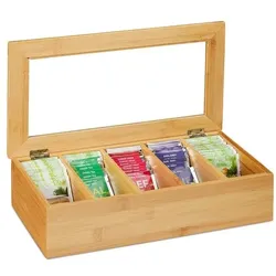 relaxdays Teebox Bambus 5 Fächer braun, 37x9x20 cm