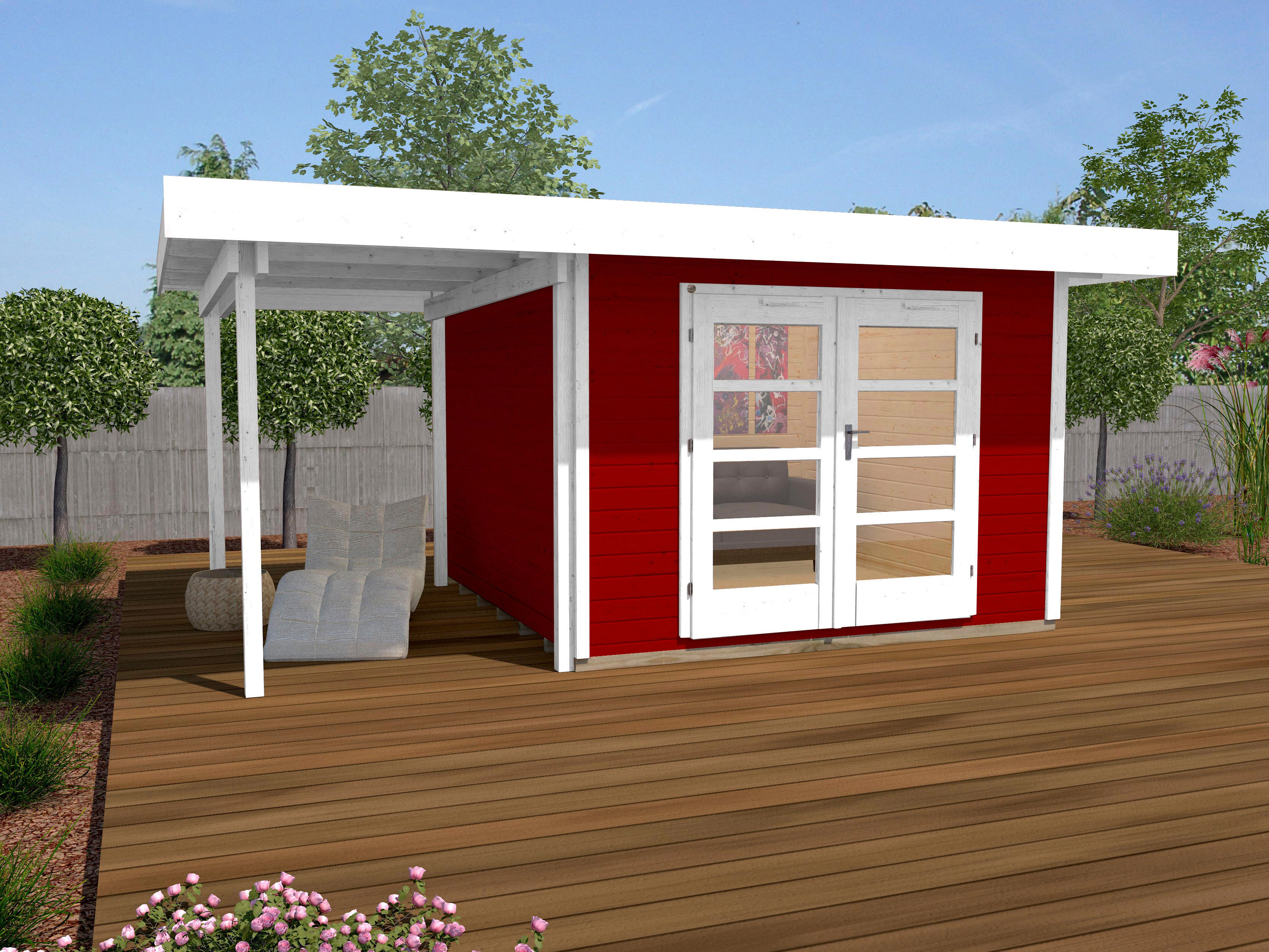 Gartenhaus WEKA "Designhaus 126 Plus", rot (rot, weiß), Fußboden im Gartenhaus, ohne Dacheindeckung, Massivholz, Gartenhäuser, Gartenhaus, mit Anbaudach