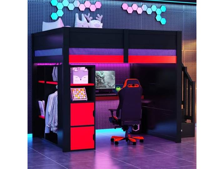 BTM LED Gaming Hochbett 140x200 mit Schreibtisch, Stauraum, Treppe Schwarz