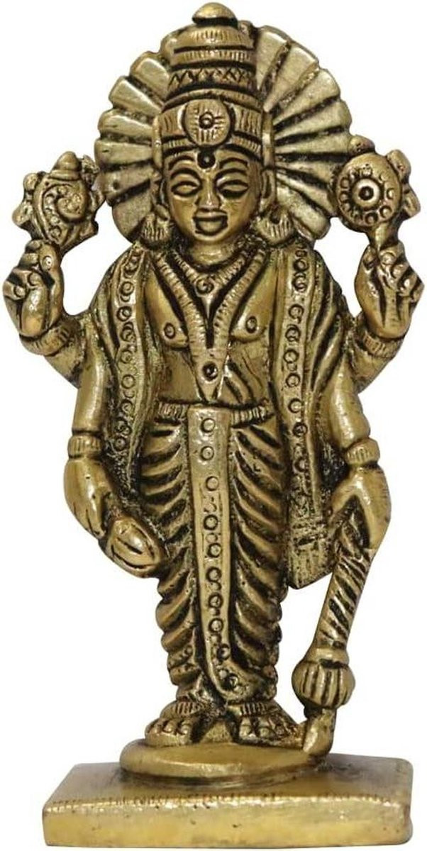 Handgesneden Messing Vishnu Beeld - Goudkleurig - Hoogte: 9 cm