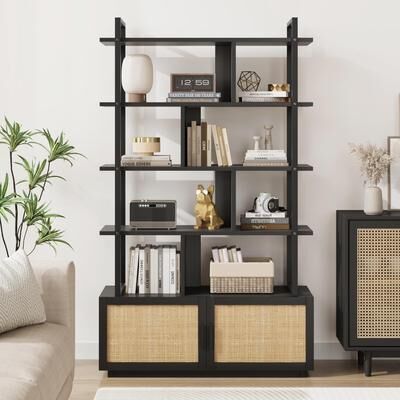 Garvee "71"" 5-Tier Rattan & Metal Frame Bookshelf, Open Storage Bookcase"