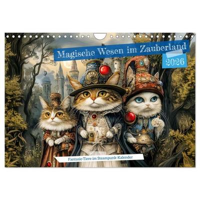 Magische Wesen im Zauberland - Fantasie-Tiere im Steampunk-Kalender (Wandkalender 2026 DIN A4 quer), CALVENDO Monatskalender