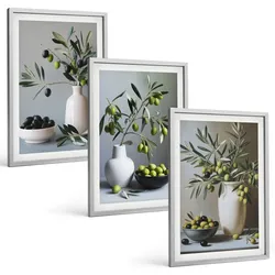 BILDER SET 3er Set - 40x60 cm Silberner Rahmen - Oliven in schlichten Vasen