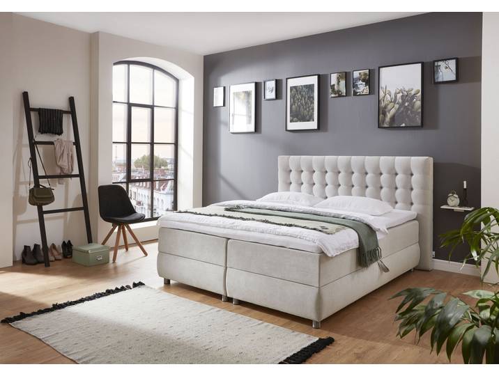 Boxspringbett, Strukturstoff, Hellgrau, 182×238 cm, Mit Bettkasten & Topper, Atlantic Home Collection