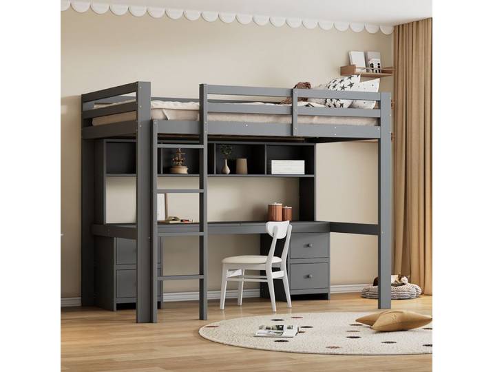 Lit mezzanine Table en bas Grande Espace de rangement Gris 90*200cm lit mezzanine Lit en haut Lits pour bébés