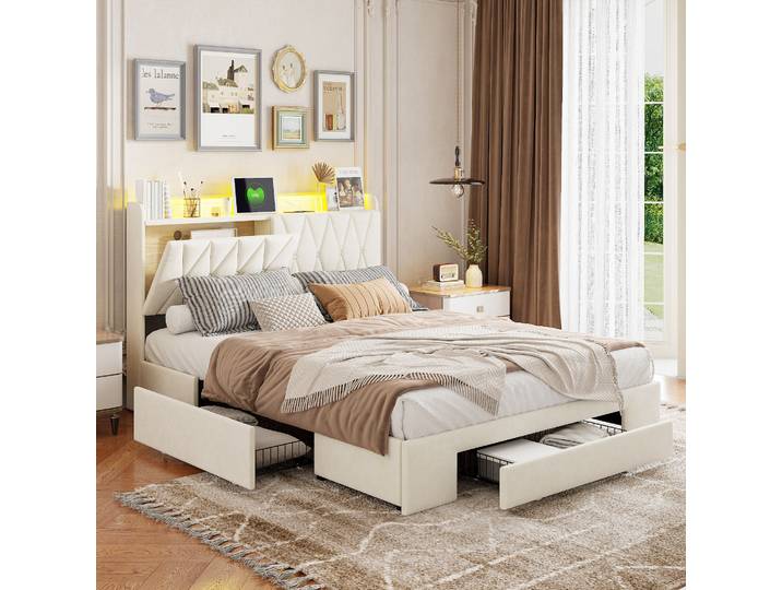 Fortuna Lai Polsterbett 160x200cm mit USB und Steckdosen, Jugendbett Doppelbett mit 3 Schubladen, Stauraumbett Massivholzbett mit LED und Lattenrost, Samt, Beige