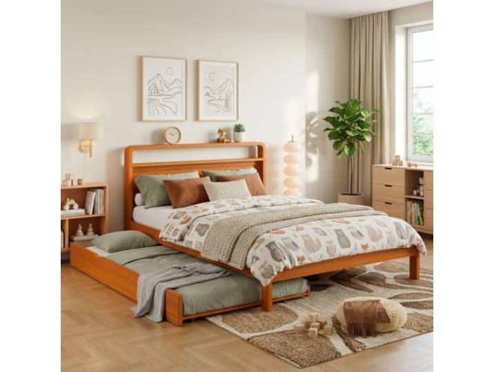 I0I&I0I Funktionsbett Holzbett Komfort Mit Ausziehbett Und Gästebett, Flexibel Montierbar, Platzsparend (Natural + Wood-1)