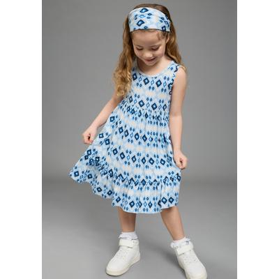 Kleid & Haarband KANGAROOS "Kangaroos 2tlg Set: Kleid+Haarband", Mädchen, Gr. 128/134, hellblau gemustert, Jersey, Obermaterial: 95% Viskose, 5% Elasthan, bedruckt, KOB Set-Artikel, aus Jersey, bedruckte Optik, aus Viskosemischung