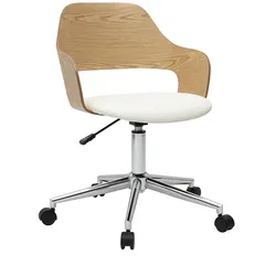 Designer-Bürostuhl auf Rollen weiß, helles Eichenholz und verchromter Stahl JANET