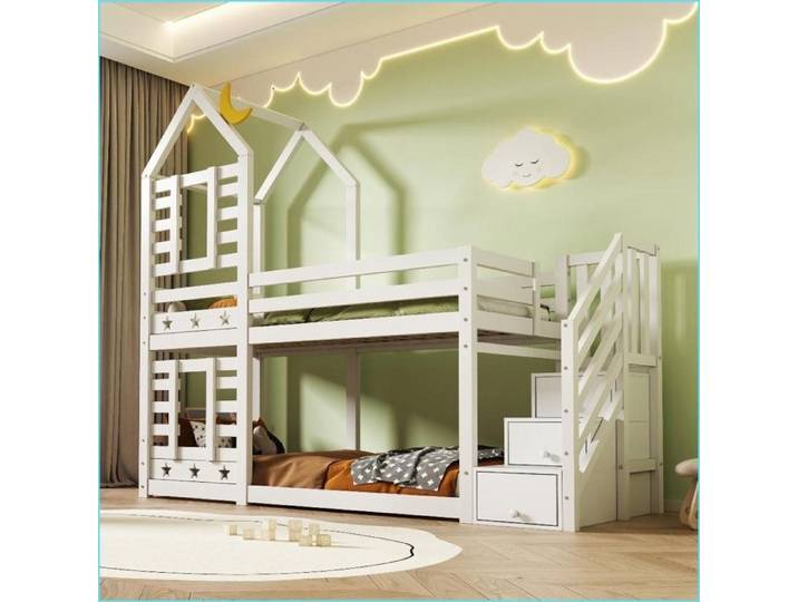 Lits Cadres & Supports - Lit à Étages Baumhaus avec Schubladen & Barrière de Sécurité 90x200 cm – Blanc
