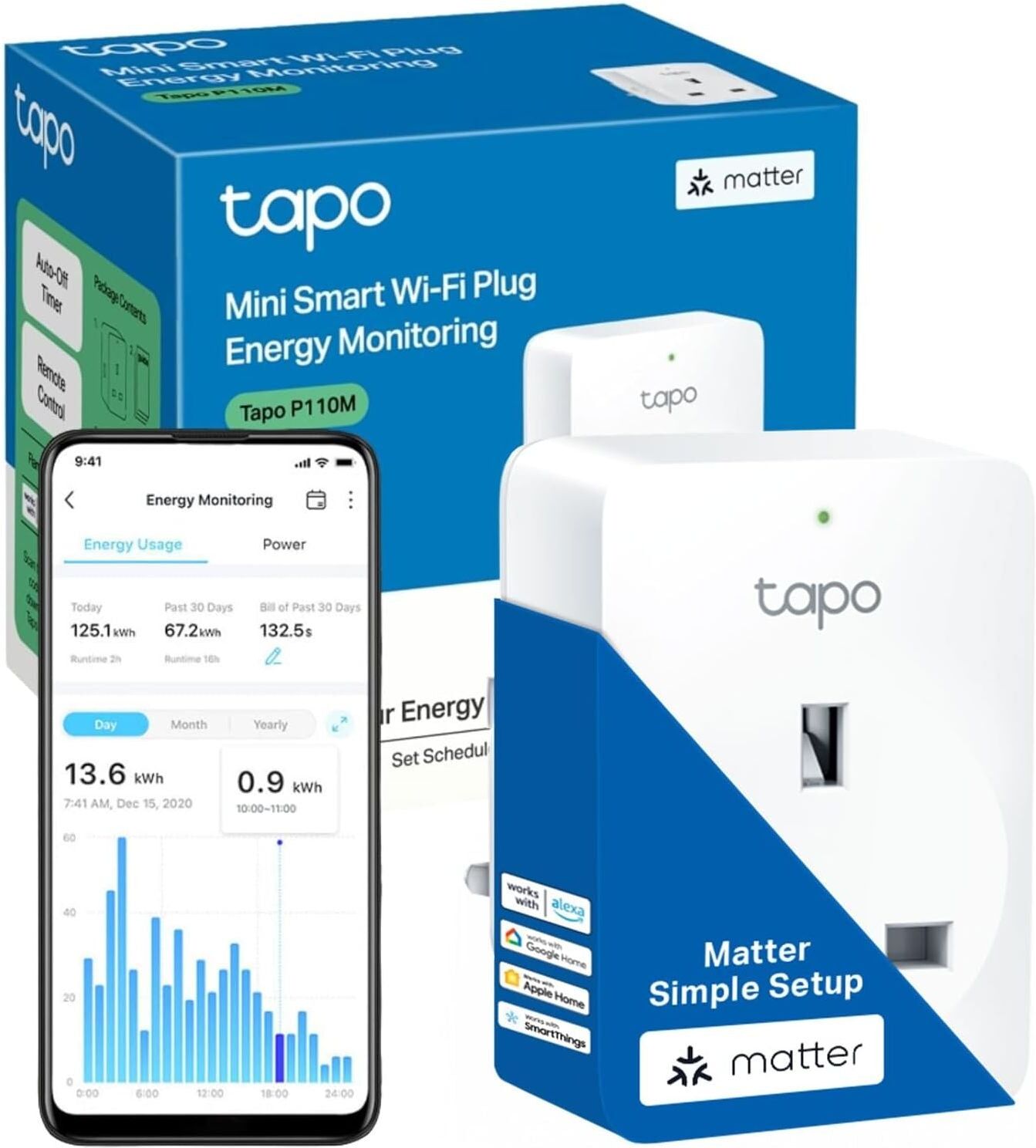 Tapo P110M WiFi Smart Plug – Energy Monitoring, MATTER Compatible, Works with Alexa, Google, Apple HomeKit, SmartThings, Device Sharing, New