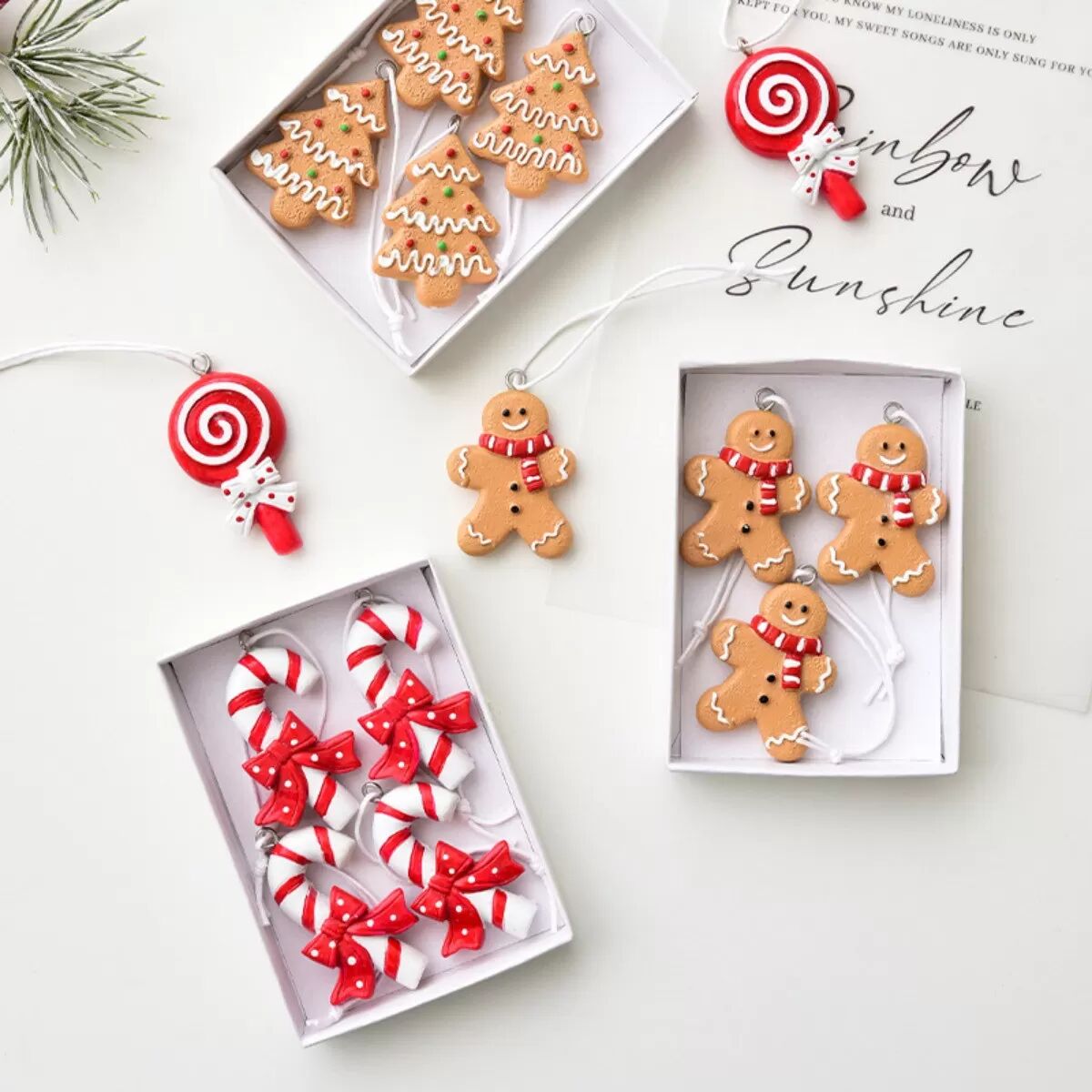 INF Ensemble de 4 décorations de sapin de Noël - Ornements de bonbons en résine