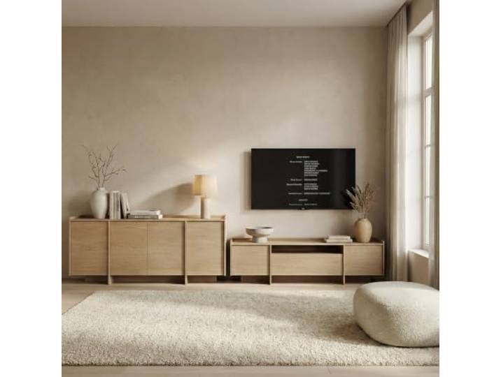 BEAUTY SOFA Wohnzimmer-Set Juni im Japandi-Stil, Kommode 200 cm + TV-Schrank 197 cm, Push-to-Open, Moderne Wohnwand mit Stauraum, Eiche Cremona