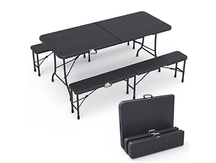 vounot® Ensemble Table Pliante et Bancs Pliables Camping 180cm HDPE Style Polyrotin 8 Places Fonction Portable Convient pour la Terrasse\, Le Camping\, Le Jardin\, Table de Pique-Nique Noir