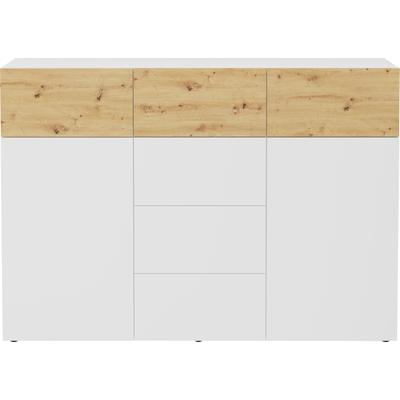 Kommode FMD "Belm", weiß (brillantweiß, artisan eiche), B:163,3cm H:115cm T:41,7cm, Sideboards, Kommode, Grifflose Kommode mit zwei Türen und sechs Schubkästen, Breite 163 cm
