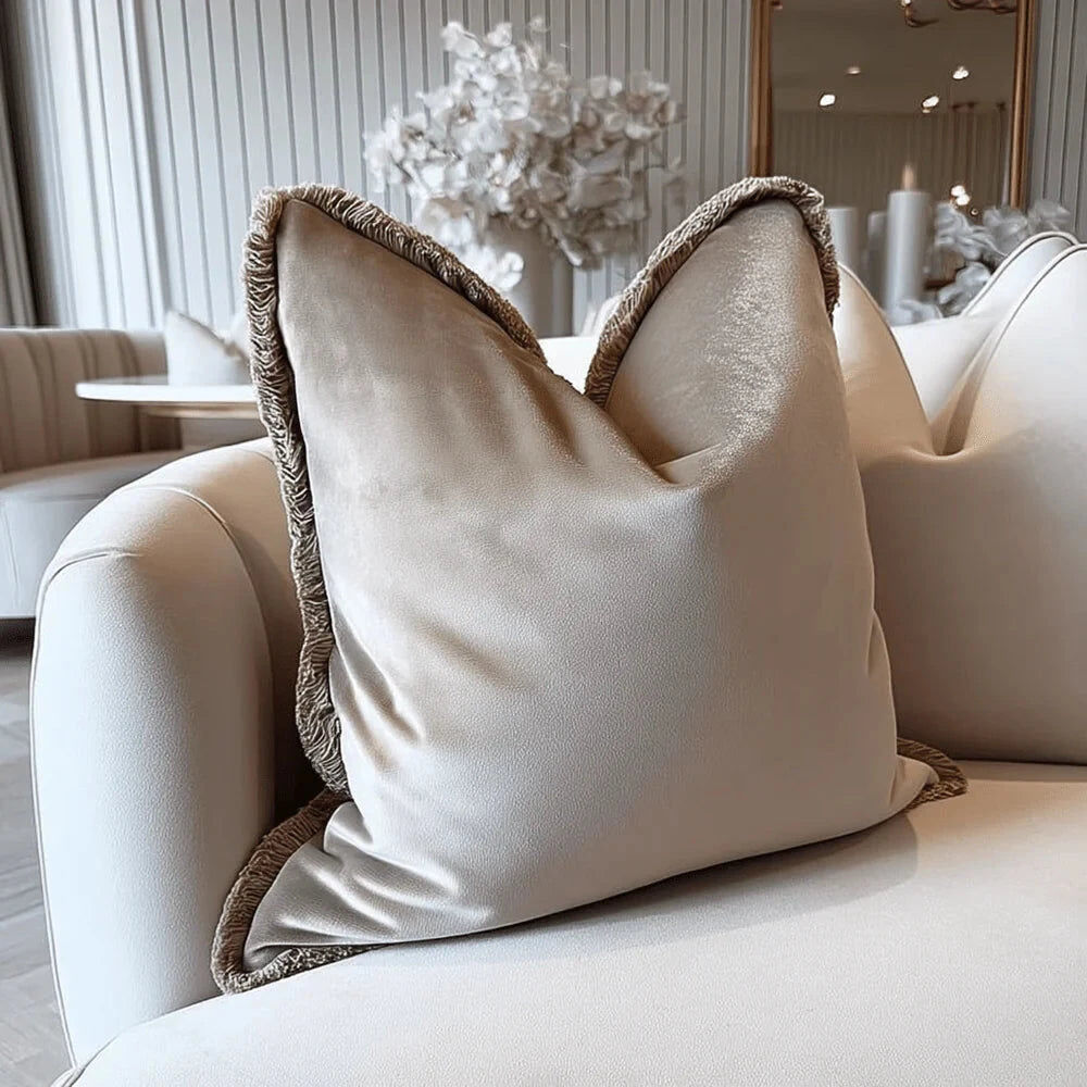 Sinéad Taupe Velvet Cushion with Fringe Detailing - 45x45cm