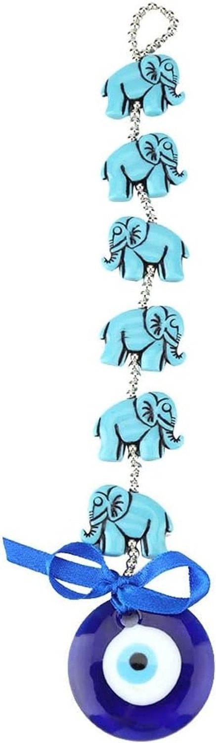 Turquoise Oog Amulet met Olifant en Parels - Zacht Blauwe Glazen Wanddecoratie voor Geluk en Bescherming