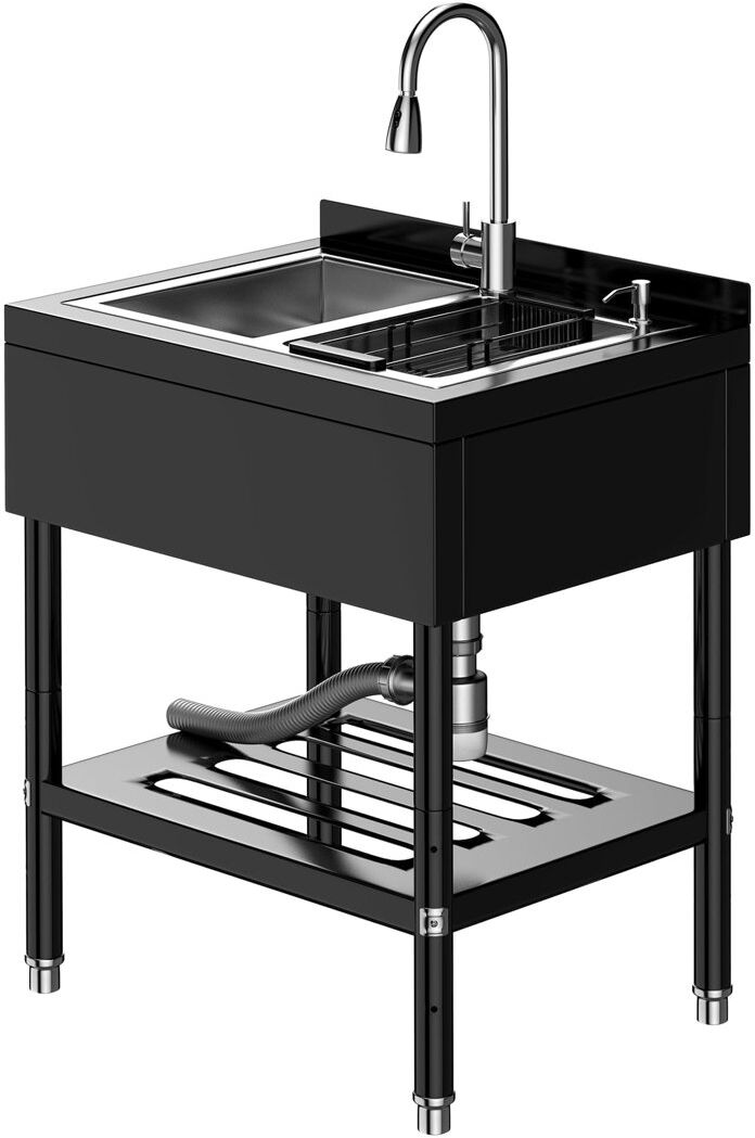 idealhouse Heavy Duty Stainless Steel Utility basin – Freestanding Deep Single Bowl – 360° Pull-Out Hot & Cold Faucet – For Laundry, Garage, Workshop – Hoses & D Stainless Steel